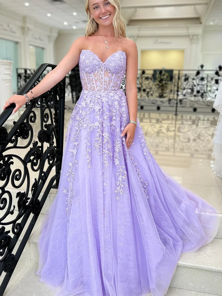 Strapless Purple Lace Long Prom Dresses, Strapless Long Purple Lace Formal Evening Dresses