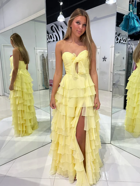 Sweetheart Neck Yellow Layered Long Prom Dresses, Yellow Layered Formal Evening Dresses