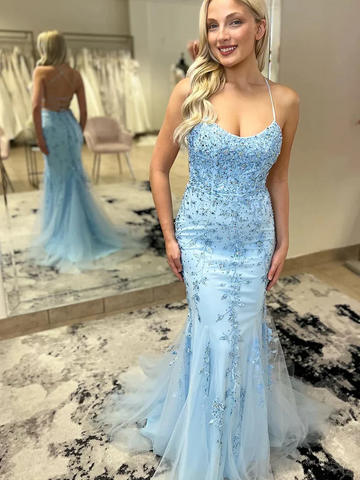 Open Back Blue Lace Mermaid Prom Dresses，Backless Mermaid Beaded Blue Lace Long Formal Evening Dresses