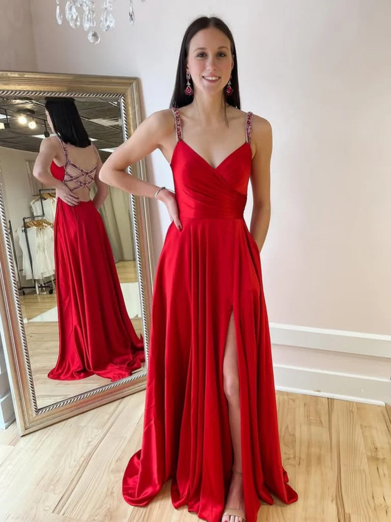 A Line V Neck Backless Red Long Prom Dresses with High Slit, V Neck Op morievent A Line V Neck Backless Red Long Prom Dresses with High Slit, V Neck Op morievent