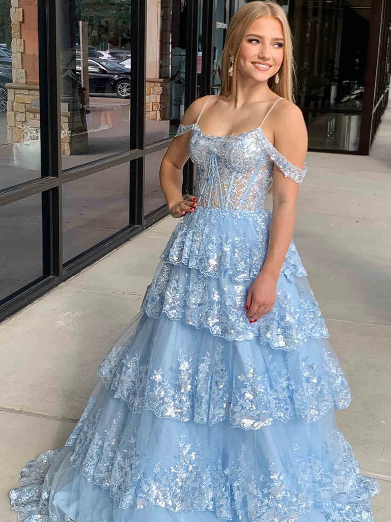 Off the Shoulder Blue Ruffle Tiered Lace Prom Dresses, Off Shoulder Bl morievent Off the Shoulder Blue Ruffle Tiered Lace Prom Dresses, Off Shoulder Bl morievent