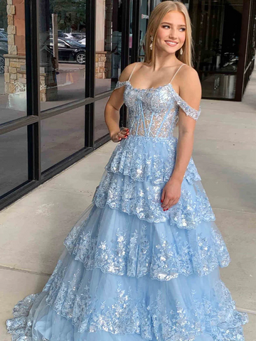 Off the Shoulder Blue Ruffle Tiered Lace Prom Dresses, Off Shoulder Blue Ruffle Tiered Lace Formal Evening Dresses