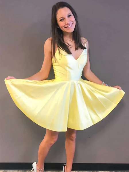 Short V Neck Blue Yellow  Prom Dresses, Short V Neck Blue Yellow Formal Evening Homecoming Dresses