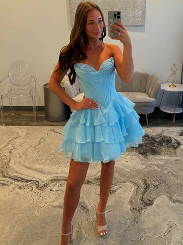 Short Sweetheart Neck Blue Layered Prom Dresses, Short Layered Formal Evening Graduation Dresses