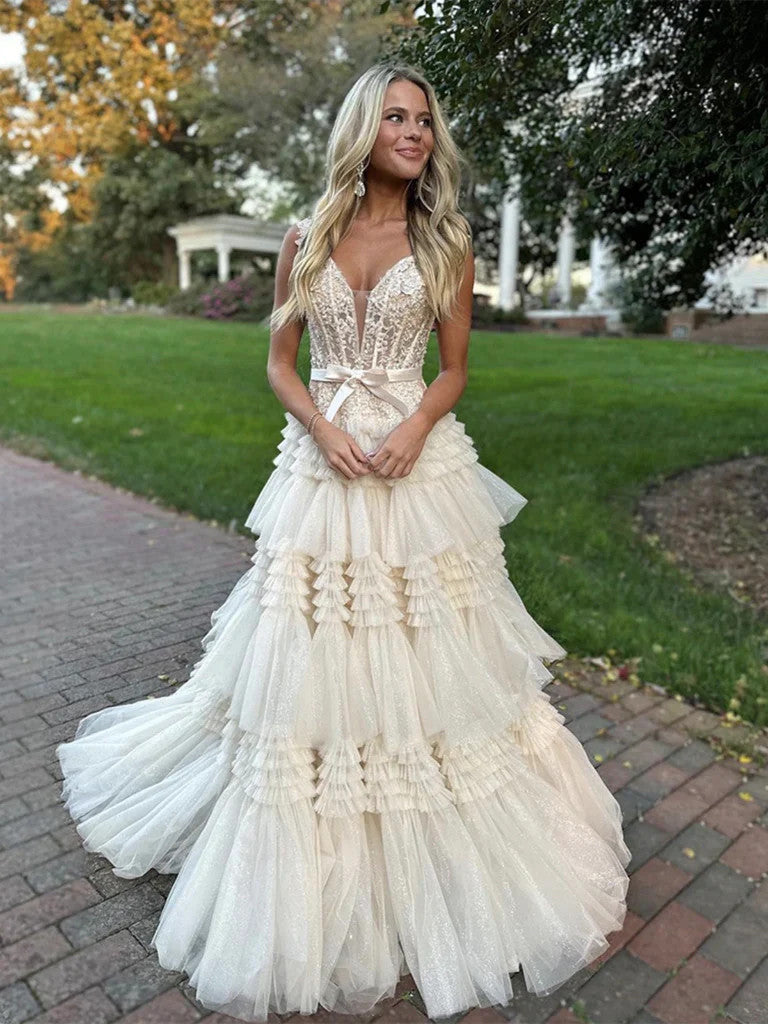 V Neck Champagne Lace Layered Long Prom Dresses with Train, Lace Champ – morievent