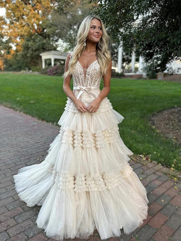 V Neck Champagne Lace Layered Long Prom Dresses with Train,  Lace Champagne Formal Evening Dresses