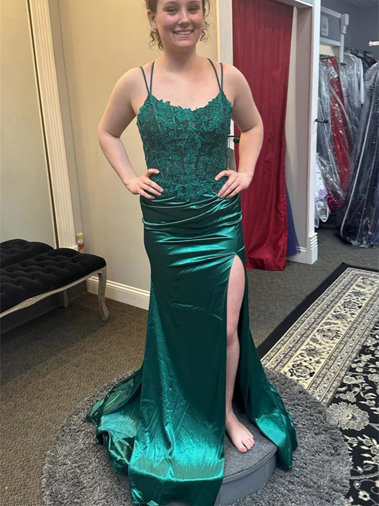 A Line Backless Emerald Green Lace Long Prom Dresses with High Slit, E morievent A Line Backless Emerald Green Lace Long Prom Dresses with High Slit, E morievent