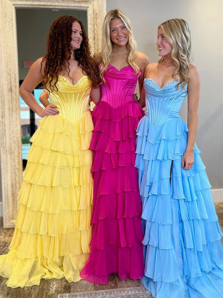 Strapless Layered Yellow/Blue/Hot Pink Chiffon Long Prom Dress with High Slit, Long Yellow/Blue/Hot Pink Formal Evening Graduation Dresses Strapless Layered Yellow/Blue/Hot Pink Chiffon Long Prom Dress with High Slit, Long Yellow/Blue/Hot Pink Formal Evening Graduation Dresses
