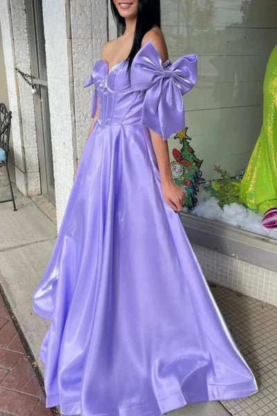 A Line Off Shoulder Lilac Satin Long Prom Dresses with Bow, Off the Shoulder Long Lilac Formal Graduation Evening Dresses