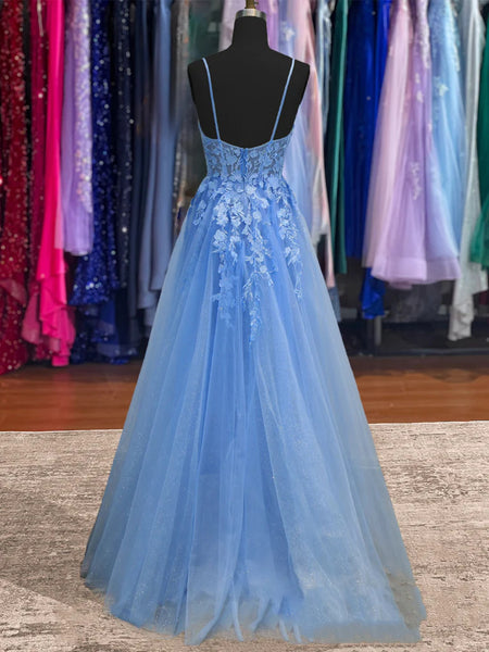 V Neck Open Back Blue Lace Prom Dresses Long, Blue Lace Formal Dresses, Blue Evening Dresses