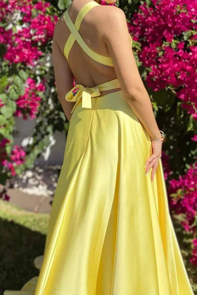 Simple A Line V Neck Open Back Yellow Long Prom Dresses with High Slit, Backles Yellow Satin Long Formal  Evening Graduation Dresses