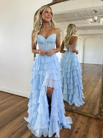 A Line Sweetheart Neck Blue Lace Chiffon Long Prom Dresses,  Lace Blue Formal Evening Dresses
