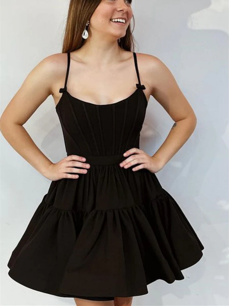Cute A Line Black Satin Short Prom Dresses, Pretty Short Black Formal morievent Cute A Line Black Satin Short Prom Dresses, Pretty Short Black Formal morievent