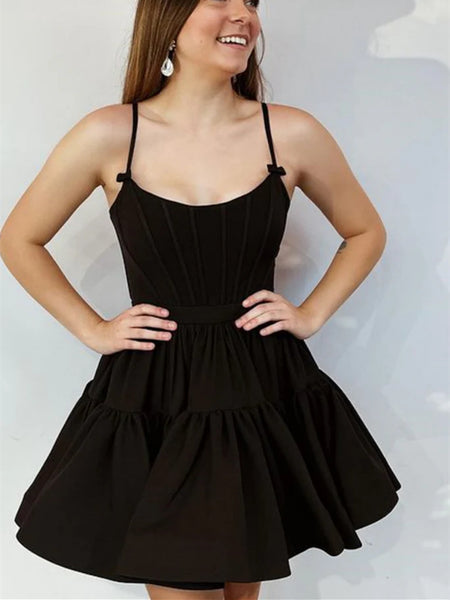 Cute A Line Black Satin Short Prom Dresses, Pretty Short Black Formal Evening Homecoming Dresses