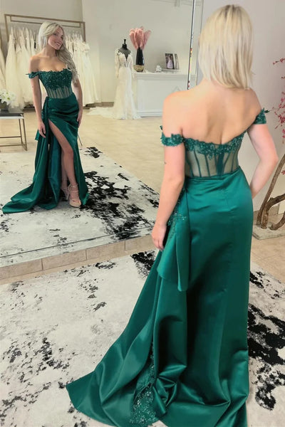 Off Shoulder Mermaid Beaded Green Lace Long Prom Dresses with High Slit, Mermaid Green Lace Formal Evening Dresses