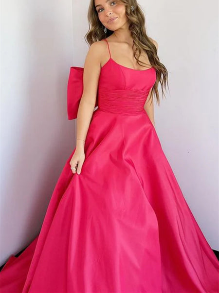 A Line Long Hot Pink Satin Prom Dresses with Butterfly Back, Hot Pink Satin Long Formal  Evening Graduation Dresses