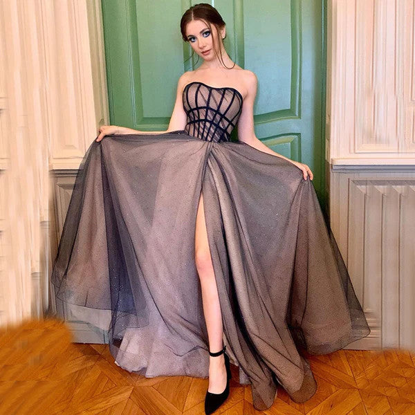 Sexy Strapless Sweetheart Tulle Long Prom Dresses With High Slit, Strapless Sweetheart Long Formal Evening Dresses