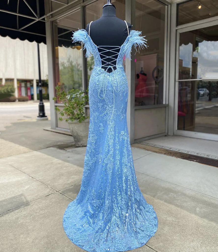 Mermaid Blue Lace Long Prom Dresses, Lace Blue Mermaid Formal Evening