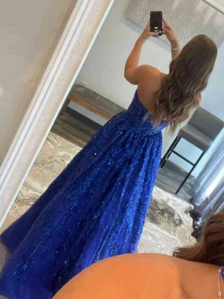 Strapless Navy Blue Lace Long Prom Dresses with Pocket, Navy Blue Lace morievent Strapless Navy Blue Lace Long Prom Dresses with Pocket, Navy Blue Lace morievent