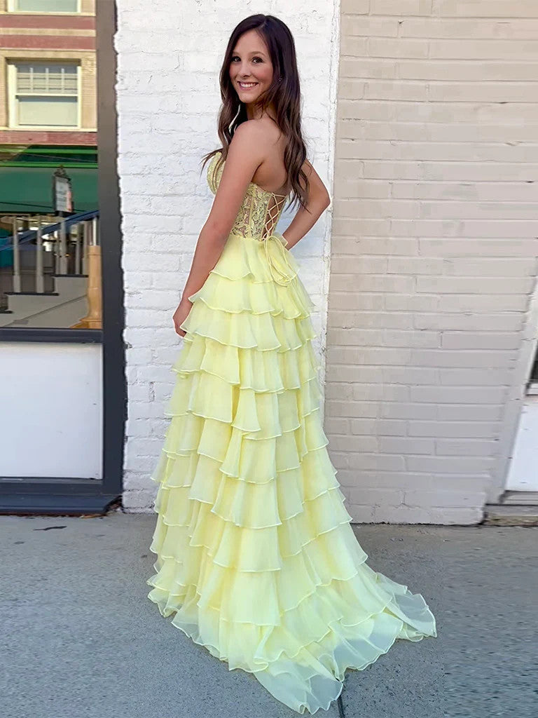 Sweetheart Neck Yellow Chiffon Lace Long Prom Dresses, Yellow Sweethea morievent Sweetheart Neck Yellow Chiffon Lace Long Prom Dresses, Yellow Sweethea morievent