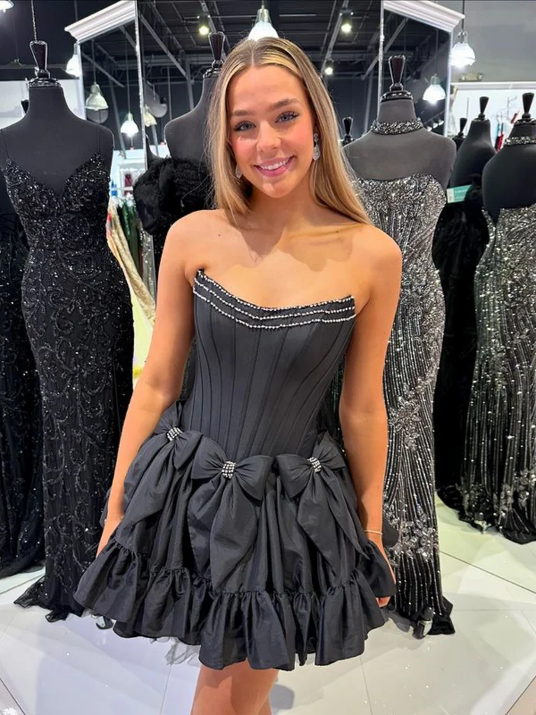 Short Strapless Layered Black Satin Prom Dresses with Beadings, Short morievent Short Strapless Layered Black Satin Prom Dresses with Beadings, Short morievent