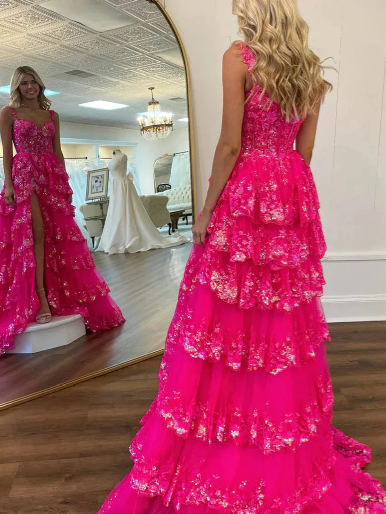 A Line Hot Pink Lace Floral Long Prom Dresses with High Split, Hot Pin morievent A Line Hot Pink Lace Floral Long Prom Dresses with High Split, Hot Pin morievent
