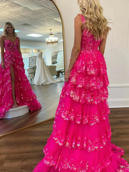 A Line Hot Pink Lace Floral Long Prom Dresses with High Split,  Hot Pink Lace Layered Formal  Evening Graduation Dresses