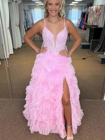 V Neck Pink Lace Long Prom Dresses with High Slit, Pink Ruffle Lace Formal Evening Dresses
