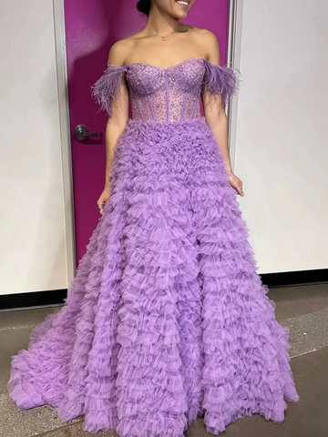 Gorgeous Off Shoulder Beaded Purple Tulle Long Prom Dresses, Gorgeous Off the Shoulder Purple Formal Evening Dresses