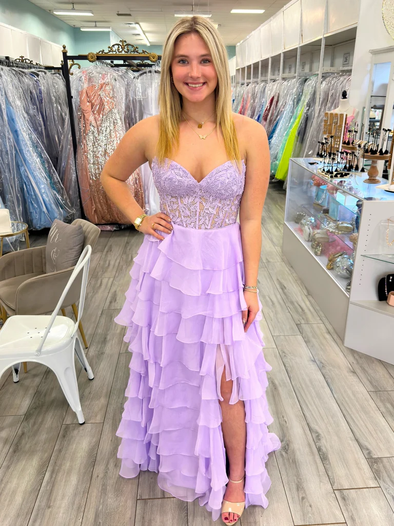 Strapless Layered Lilac Lace Long Prom Dresses With High Slit, Purple morievent Strapless Layered Lilac Lace Long Prom Dresses With High Slit, Purple morievent