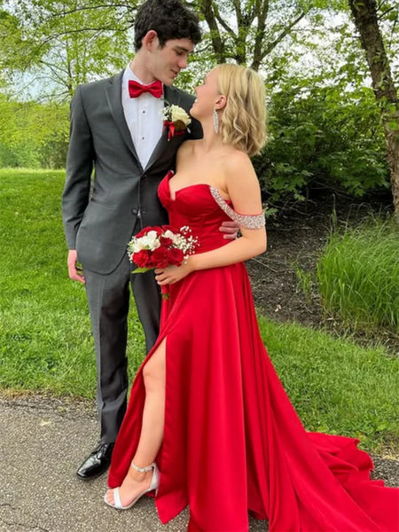 Off the Shoulder Beaded Red Satin Long Prom Dresses with High Slit, Off Shoulder Red Formal Evening Dresses