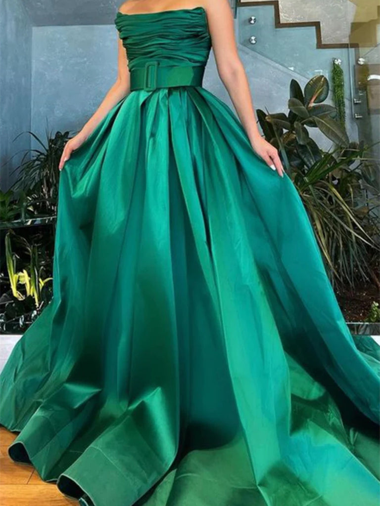 Strapless Pleated Green/Black Satin Long Prom Dresses, A Line Green/Bl morievent Strapless Pleated Green/Black Satin Long Prom Dresses, A Line Green/Bl morievent