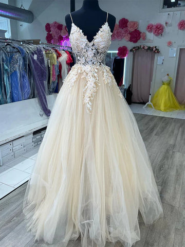 V Neck Champagne Tulle Lace Prom Dresses, Champagne Tulle Lace Wedding Dresses, Lace Champagne Formal Evening Dresses