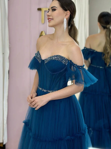 Strapless A Line Blue Tulle Beaded Long Prom Dresses, Off Shoulder Sweetheart Blue Tulle Beaded Formal Evening Dresses