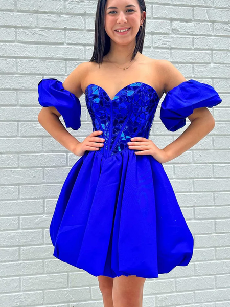 Strapless Mirror Sequins Royal Blue Short Prom Dresses, Short Royal Bl