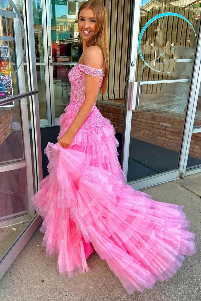 Fluffy Off The Shoulder Hot Pink Lace Long Prom Dresses with Slit, Off morievent Fluffy Off The Shoulder Hot Pink Lace Long Prom Dresses with Slit, Off morievent