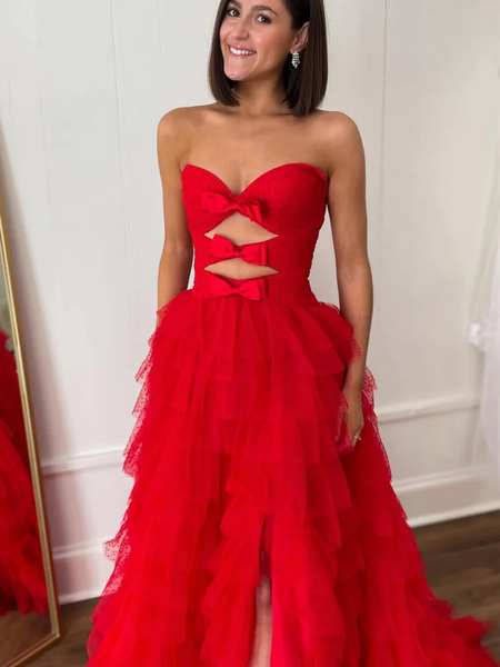 Strapless Red Ruffle Tulle Long Prom Dresses with Train,  Red Ruffle Tulle Long Formal Evening Graduation Dresses with High Slit