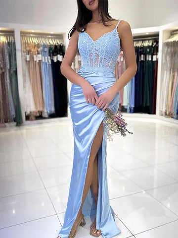 V Neck Mermaid  Blue Lace Long Prom Dresses, Blue V Neck Lace Satin Mermaid Long Formal Evening Dresses