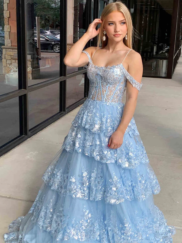Off the Shoulder Blue Ruffle Tiered Lace Prom Dresses, Off Shoulder Bl morievent Off the Shoulder Blue Ruffle Tiered Lace Prom Dresses, Off Shoulder Bl morievent