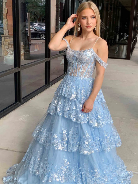 Off the Shoulder Blue Ruffle Tiered Lace Prom Dresses, Off Shoulder Blue Ruffle Tiered Lace Formal Evening Dresses