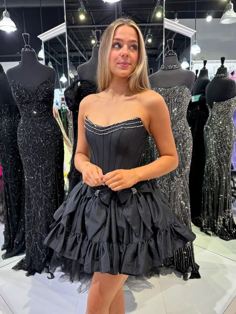 Short Strapless Layered Black Satin Prom Dresses with Beadings, Short morievent Short Strapless Layered Black Satin Prom Dresses with Beadings, Short morievent