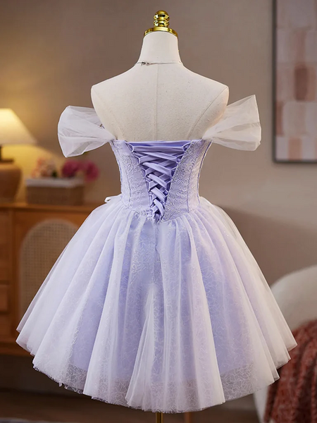 A Line off Shoulder Short Purple Lace Prom Dresses, Short off The Shoulder Lilac Purple Lace Formal Evening Homecoming Dresses