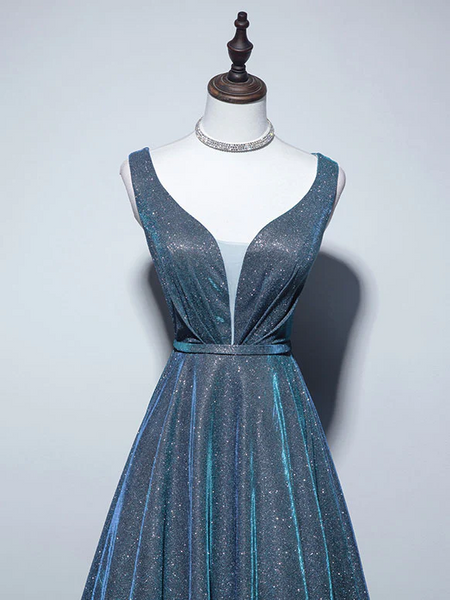 A Line V Neck Blue Long Prom Dresses, Blue Stain Long Formal Evening Dresses