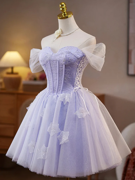 A Line off Shoulder Short Purple Lace Prom Dresses, Short off The Shoulder Lilac Purple Lace Formal Evening Homecoming Dresses