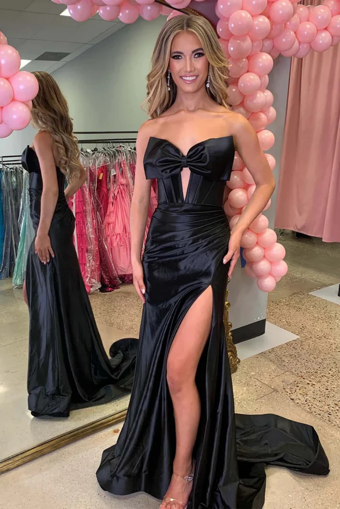 Strapless Satin Black Red Long Prom Dresses with High Slit, Mermaid Bl morievent Strapless Satin Black Red Long Prom Dresses with High Slit, Mermaid Bl morievent