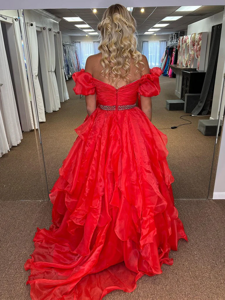 Off the Shoulder Red Long Tulle Prom Dresses, Off Shoulder Red Tulle Long Formal Evening Dresses
