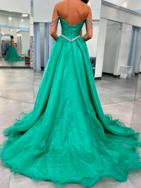 Off the Shoulder Green Organza Prom Dresses, Off Shoulder Green Organza Long Formal Evening Dresses