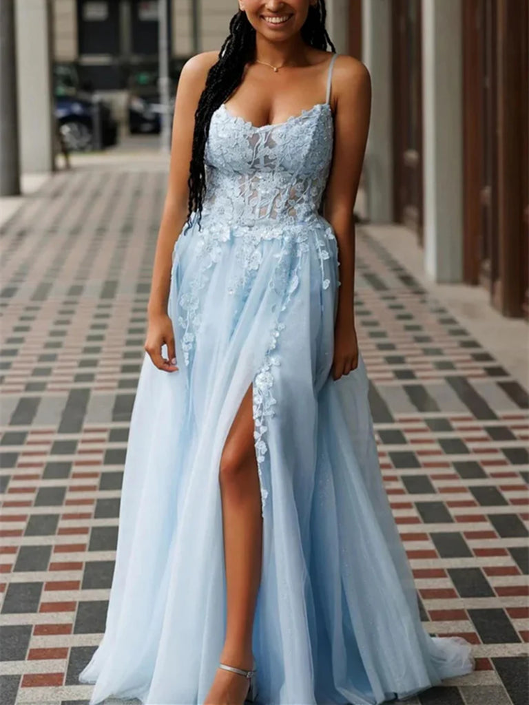 A Line Backless Light Blue Lace Long Prom Dresses With High Slit, Ligh morievent A Line Backless Light Blue Lace Long Prom Dresses With High Slit, Ligh morievent
