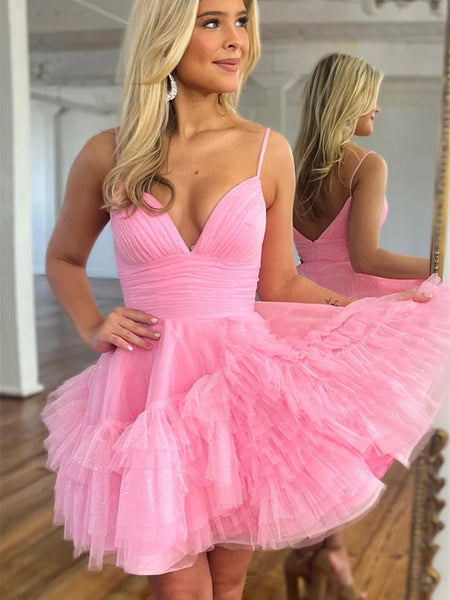 V Neck Short Pink Tulle Prom Dresses，Short Pink V Neck Formal Graduation Evening Dresses