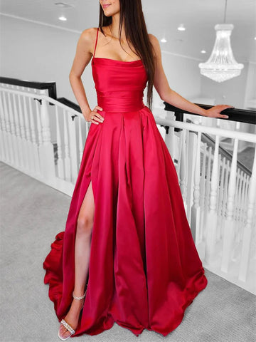 Spaghetti Strap Red Satin Long Prom Dresses, Red Spaghetti Strap Satin Long Formal Evening Dresses